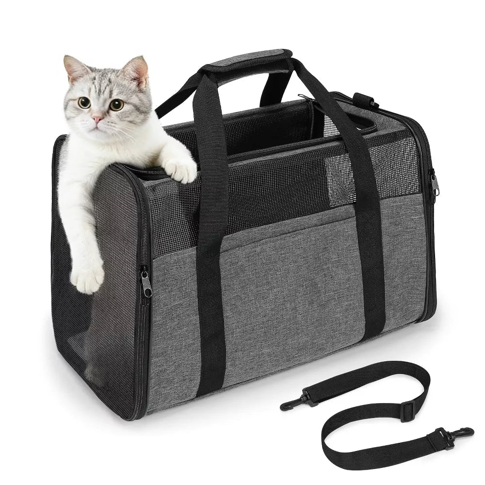 Bolso transportador flexible para mascotas con doble apertura y correa de hombro