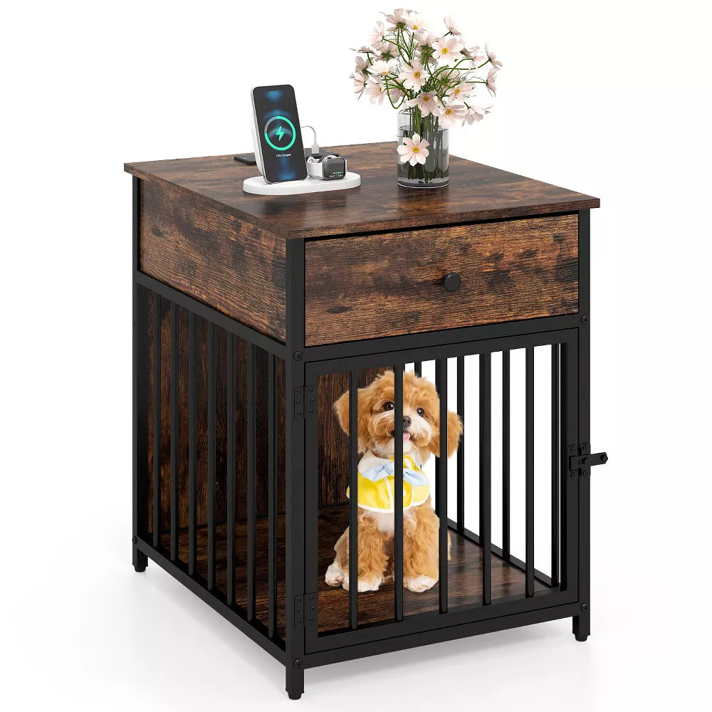 Jaula‑mueble multifuncional para perros con estación de carga y cajón de almacenamiento