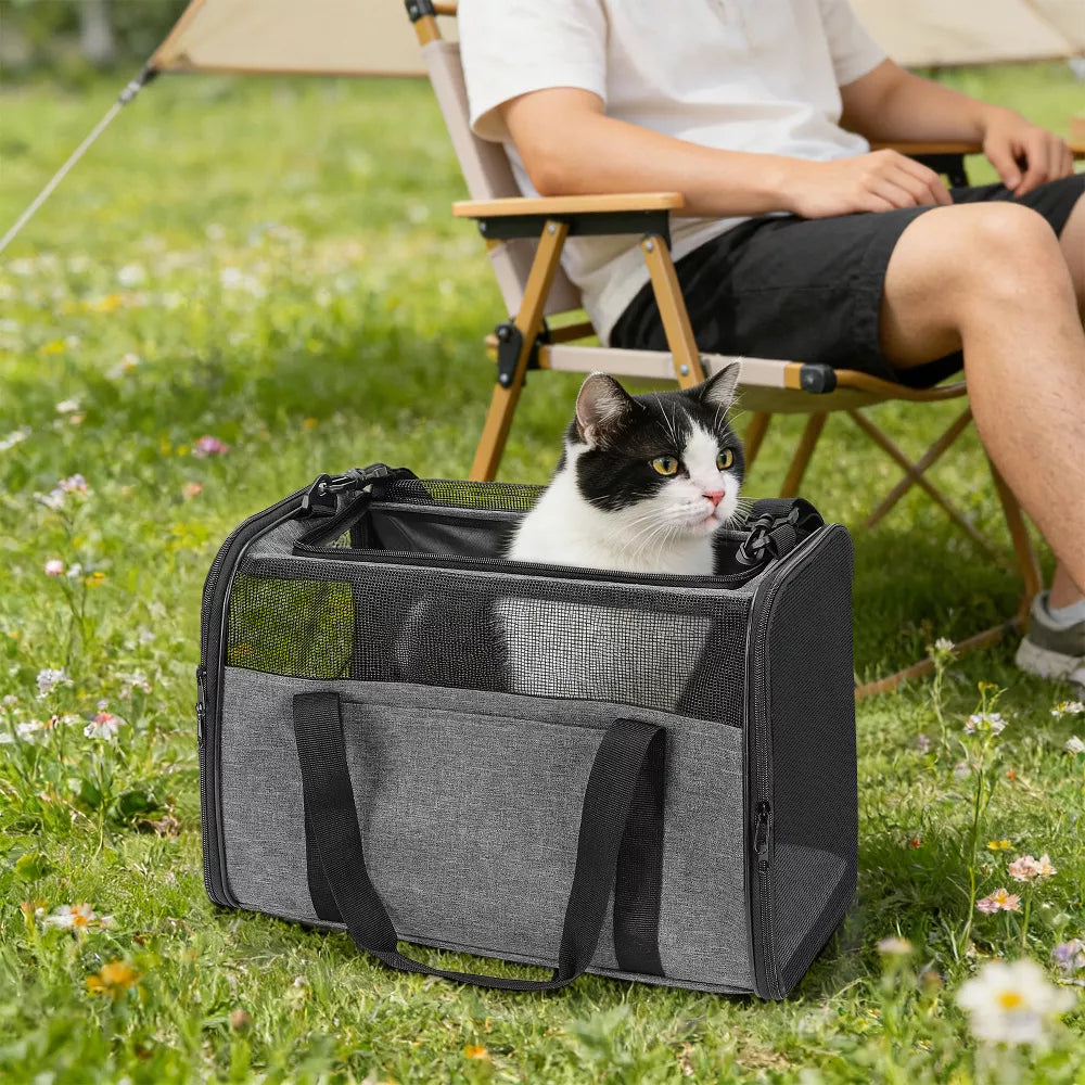 Bolso transportador flexible para mascotas con doble apertura y correa de hombro