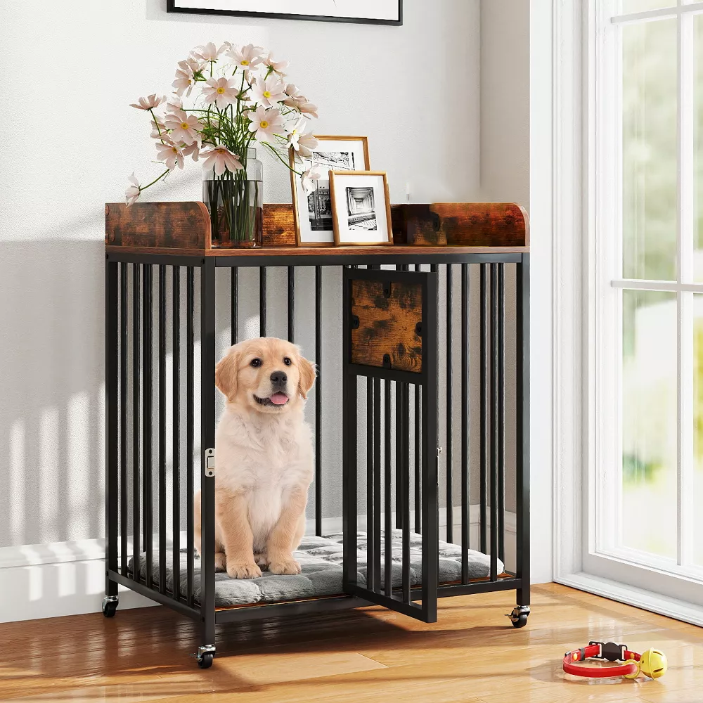 Jaula‑mueble para mascotas con ruedas y mesa auxiliar integrada