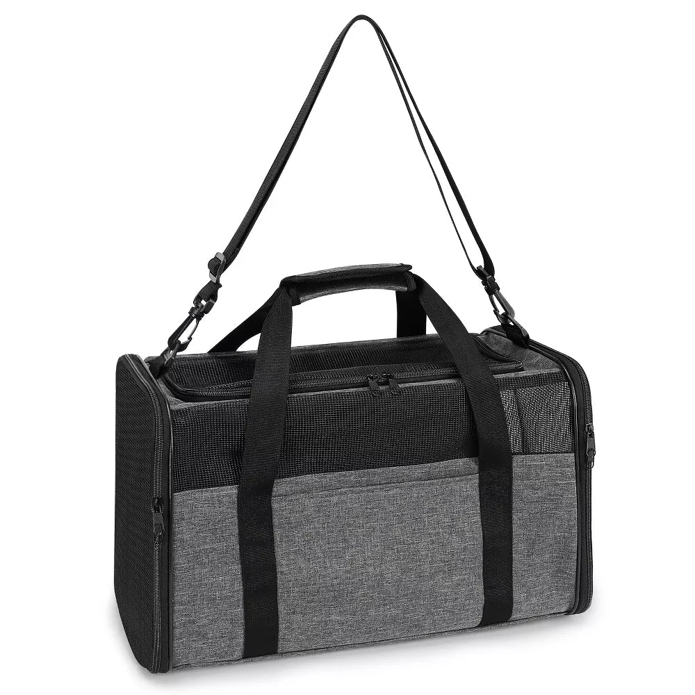 Bolso transportador flexible para mascotas con doble apertura y correa de hombro