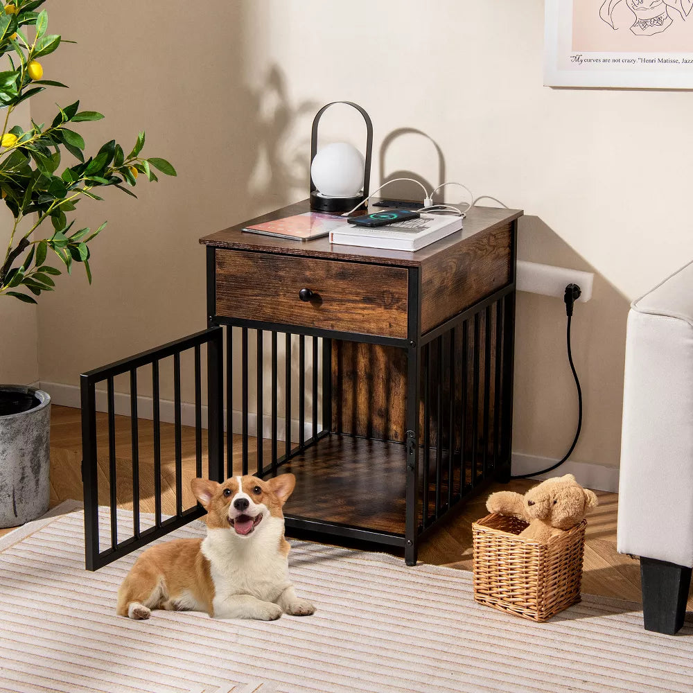 Jaula‑mueble multifuncional para perros con estación de carga y cajón de almacenamiento