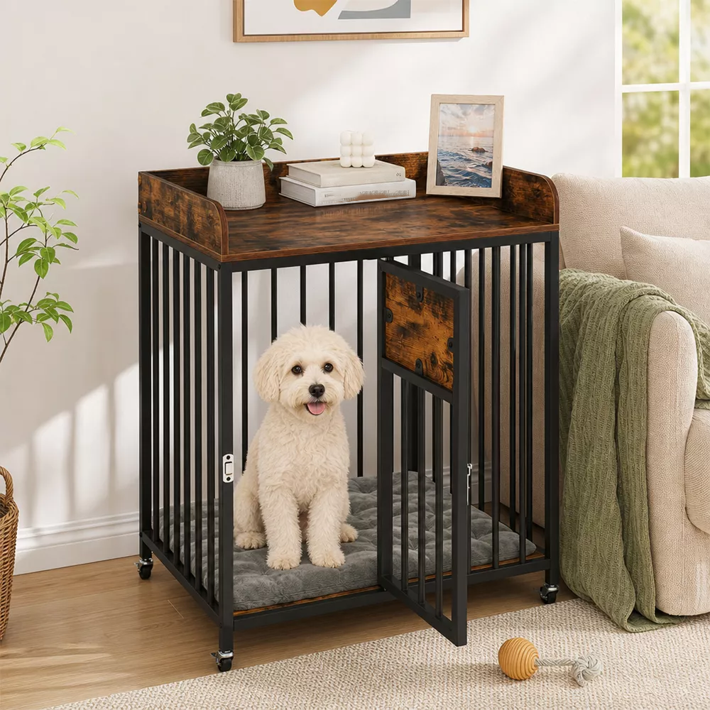 Jaula‑mueble para mascotas con ruedas y mesa auxiliar integrada