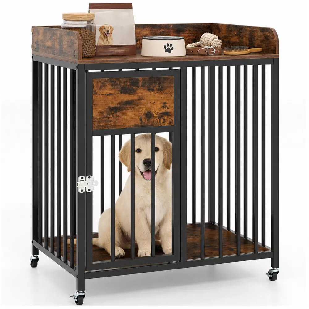 Jaula‑mueble para mascotas con ruedas y mesa auxiliar integrada